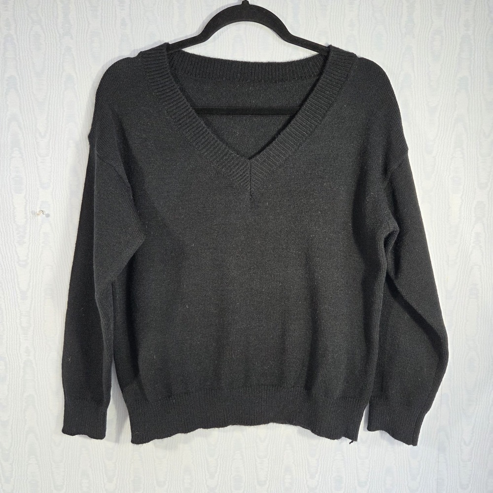 Women's S/M Sweater Black V Neck Cozy‎ Basic Classic Capsule Wardrobe Acrylic